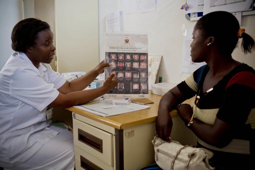 A health worker shows images on a chart to a woman.