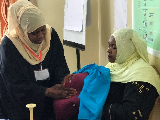 Nurses in Zanzibar take part in a pilot training for Essential Care for Labor & Birth using the 
MamaBirthie simulator. Photo by Cherrie Evans Jhpiego